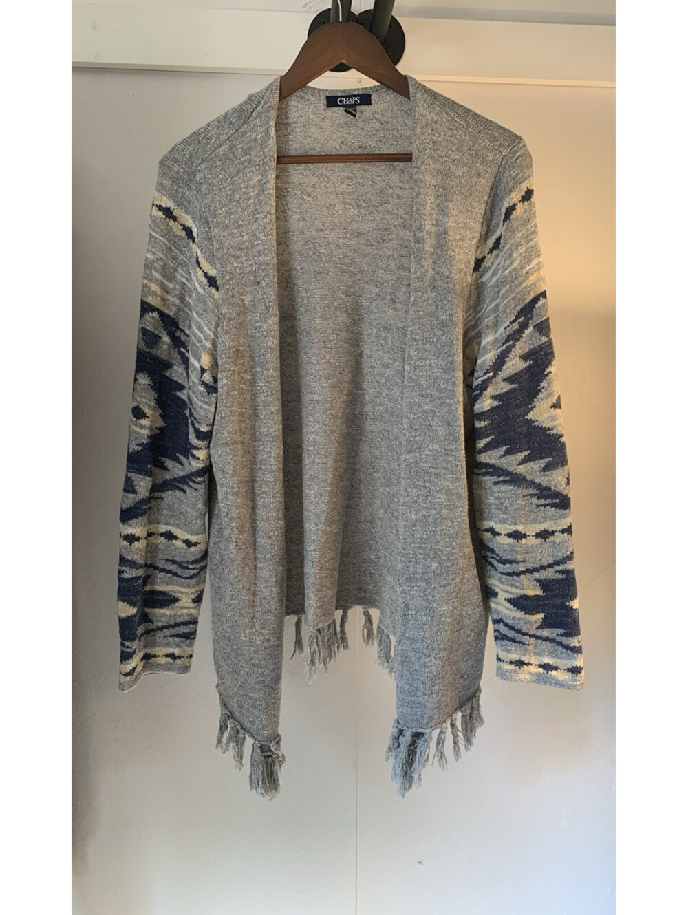 Chaps Cardigan Gray with Western Aztec Design Fringe Women's 2x